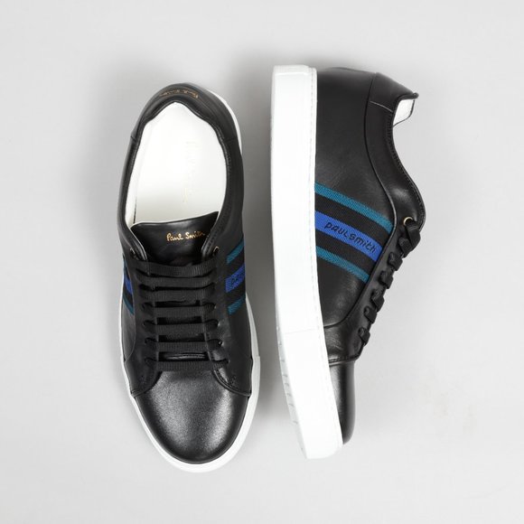 NWT Paul Smith Basso Black Leather Green & Blue Stripe Sneaker - Picture 2 of 5
